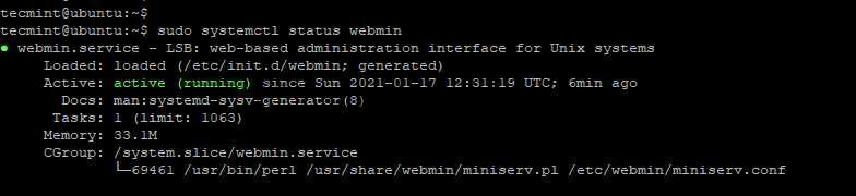 Проверка статуса Webmin в Ubuntu