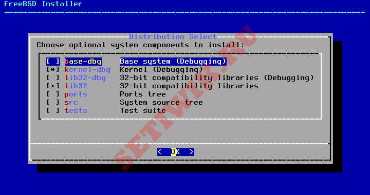 Выберите компоненты для установки на FreeBSD