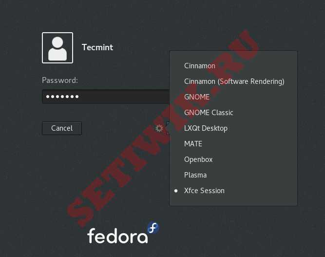 Выберите LXQt при входе в систему Fedora