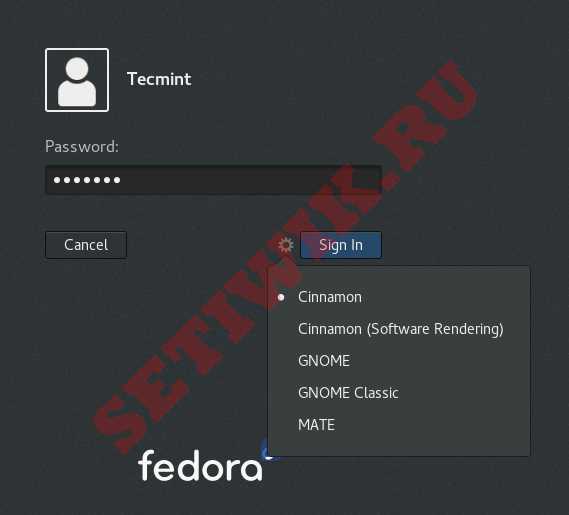 Выбор Mate Desktop при входе в систему Fedora