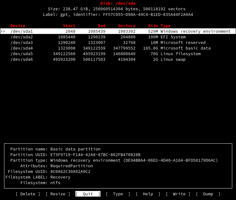 Команда для просмотра дисков в Linux cfdisk