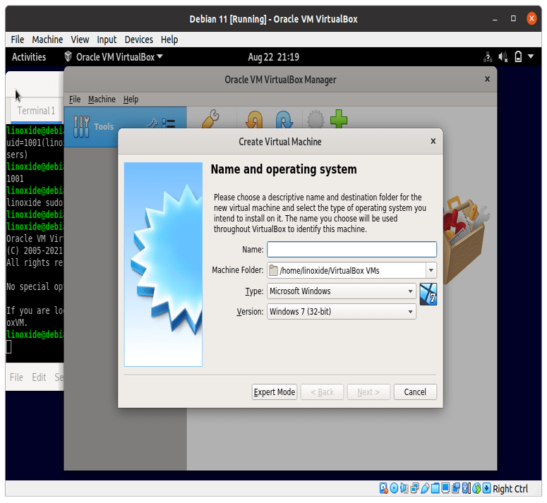 Установленный VirtualBox на Debian 11