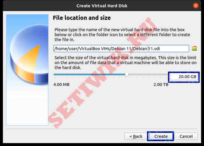 Выбор расположения файла и размер диска