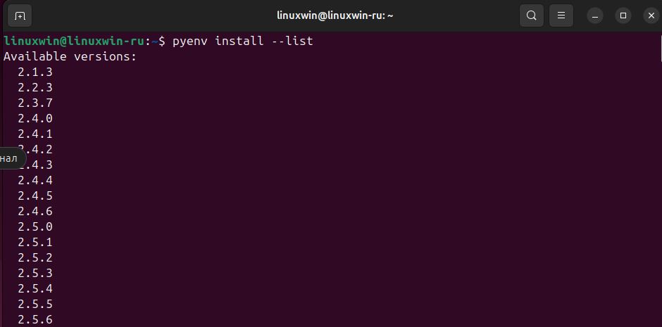 Список всех доступных версий Python в Pyenv